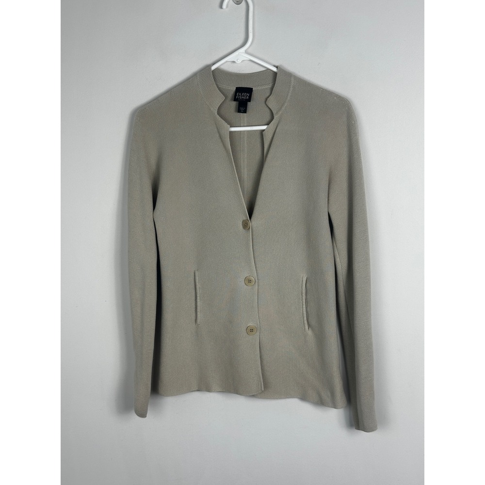 Eileen Fisher Beige Silk Blend Knit Cardigan Sweater Jacket Womens Size Small P